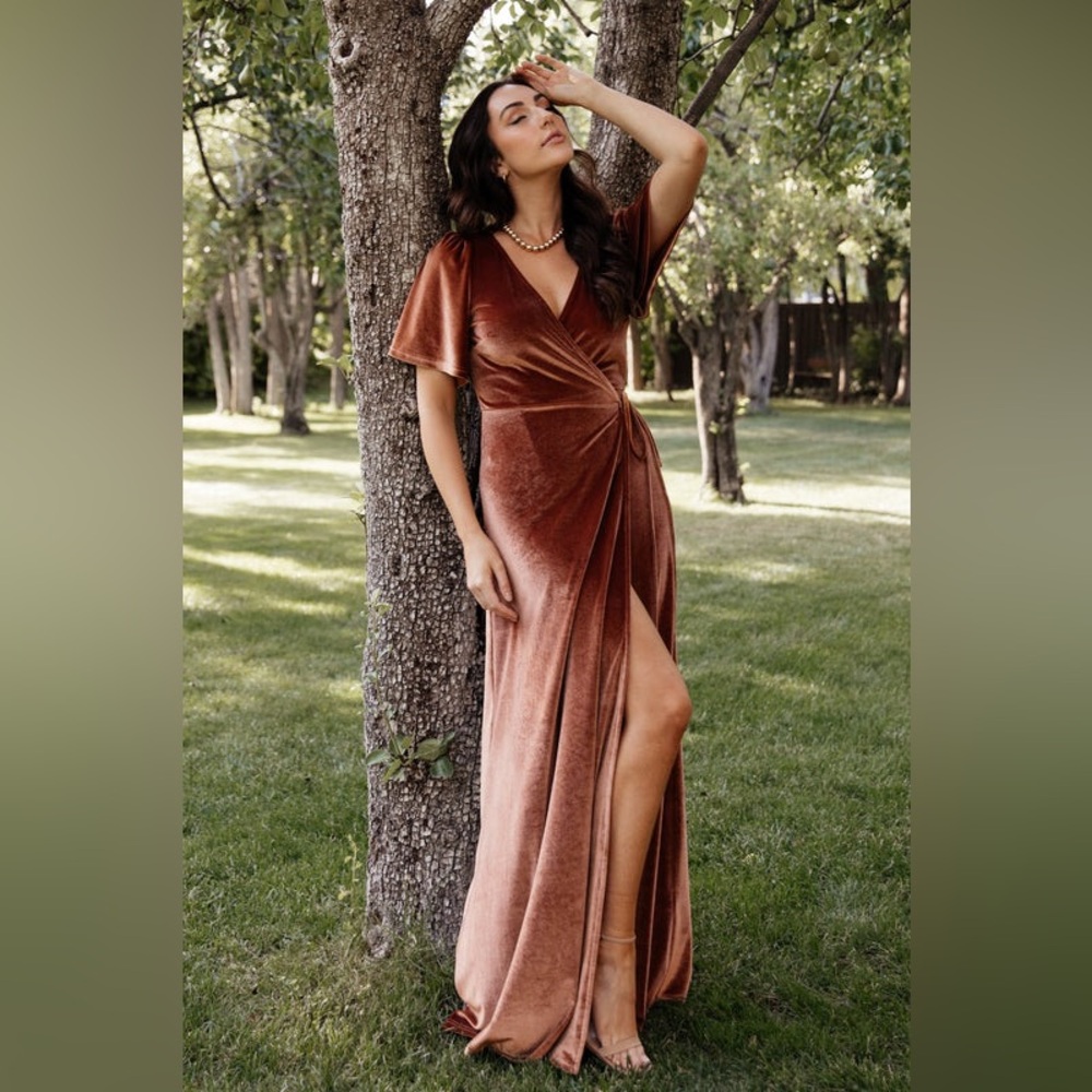 Baltic Born Copper Meghan Velvet Wrap Maxi Dress Sz Medium Flutter Sleeve